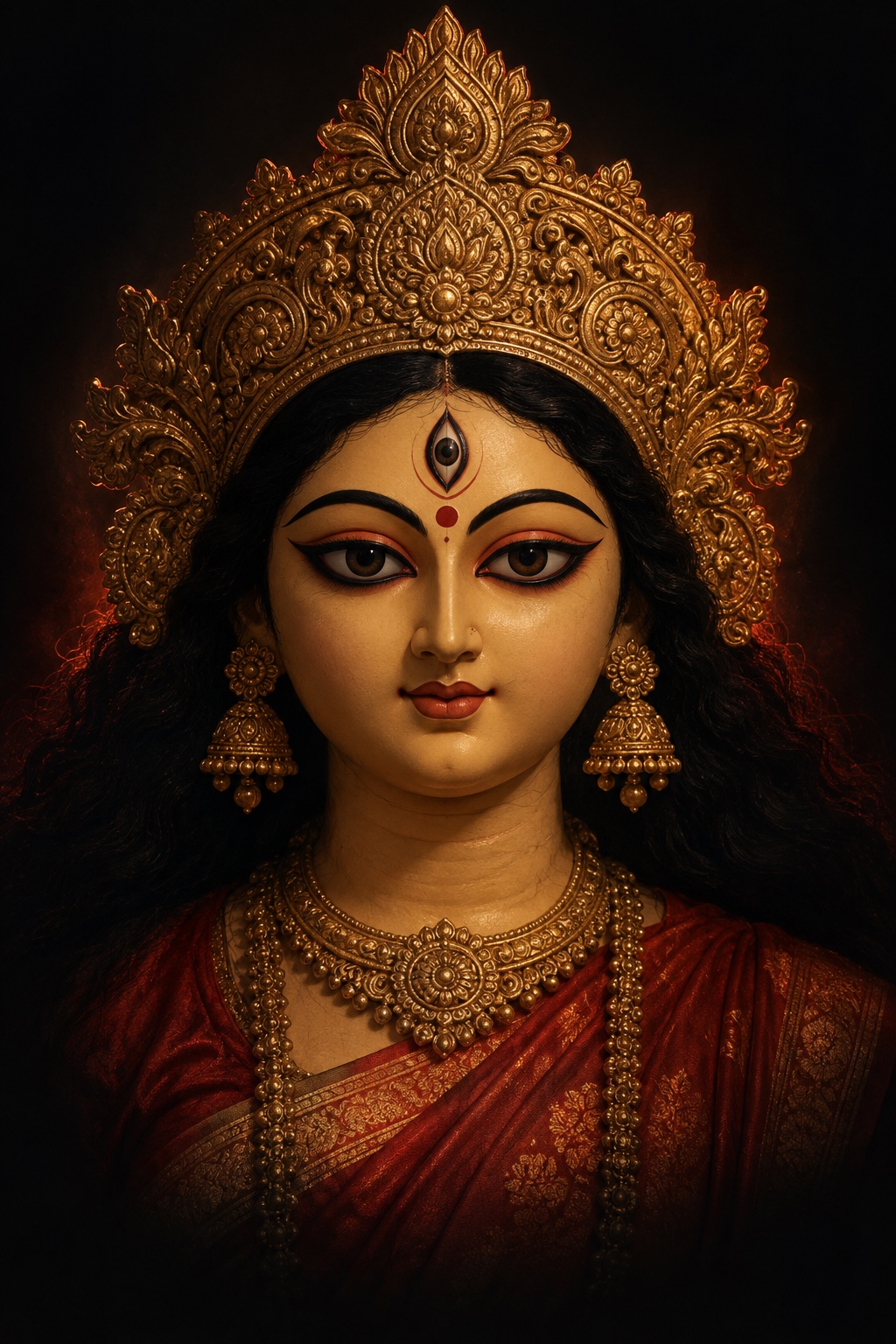 Devotional artwork of Maa Durga with an ornate golden crown and vermilion adornments